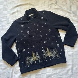 Tradition Vintage Navy Blue Fleece Zippered Sweater Winter Forest Embroidery